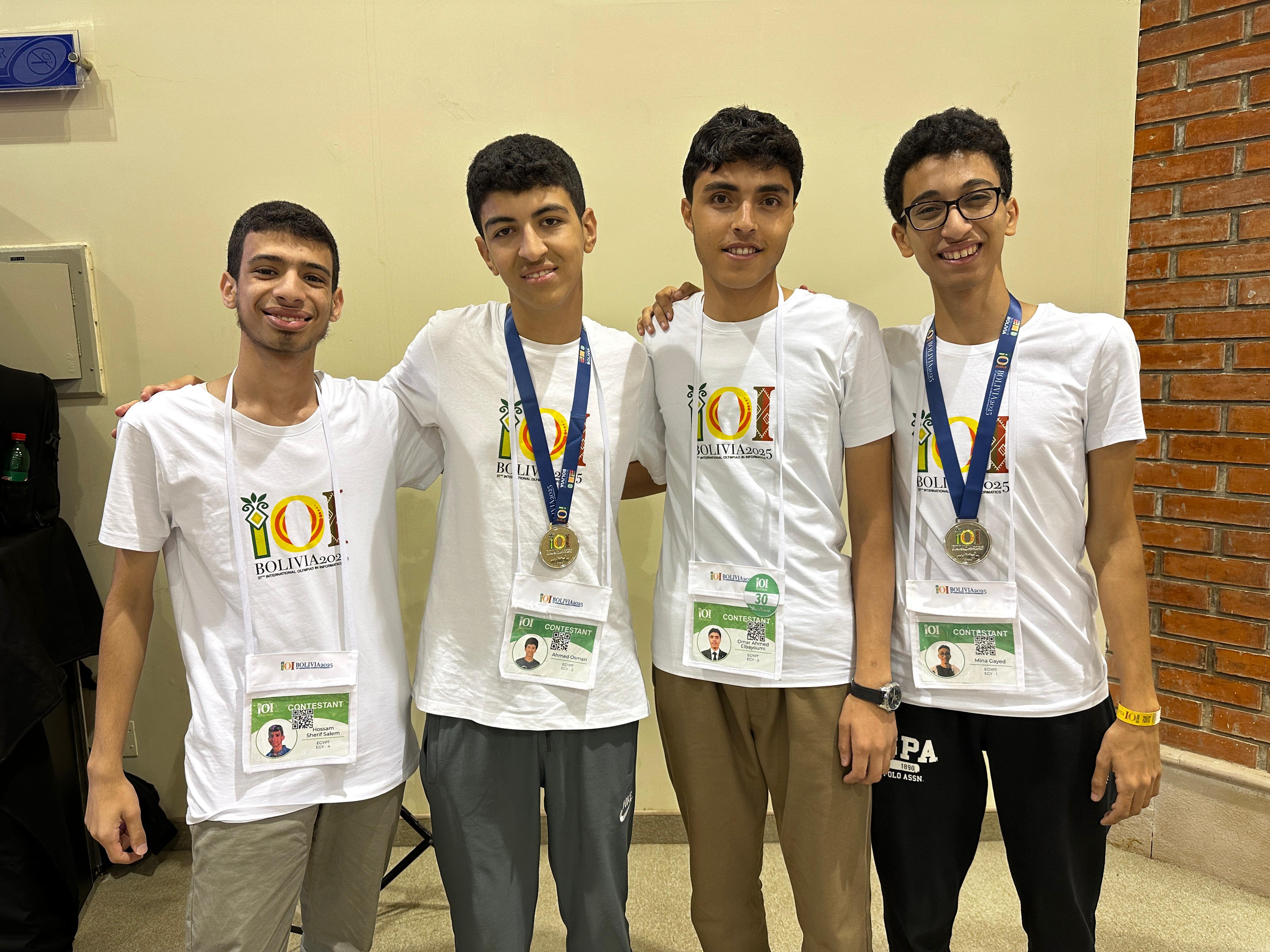 Egypt IOI team at Bolivia 2025 — two members with gold medals